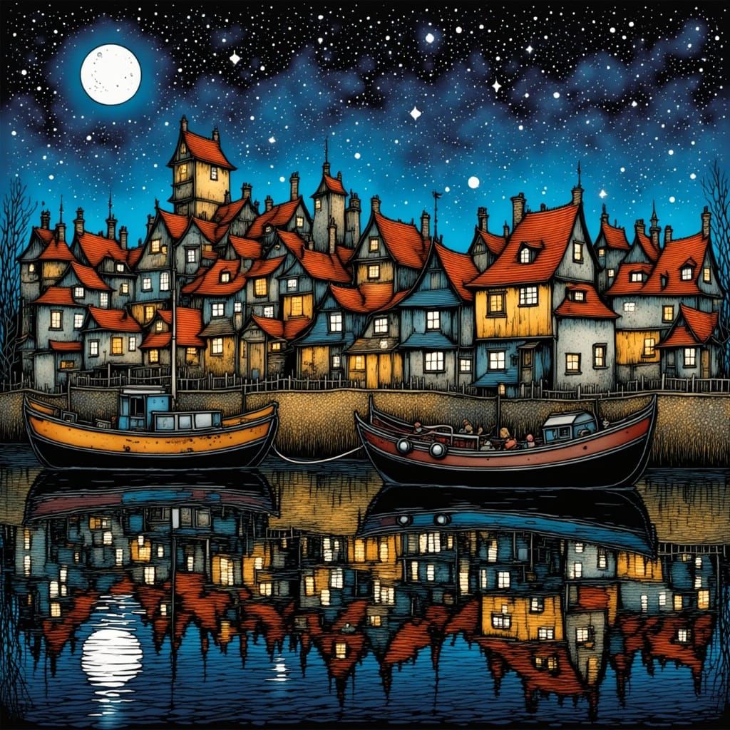 Medieval Port Town Under Endless Starry Sky in Vibrant Color...