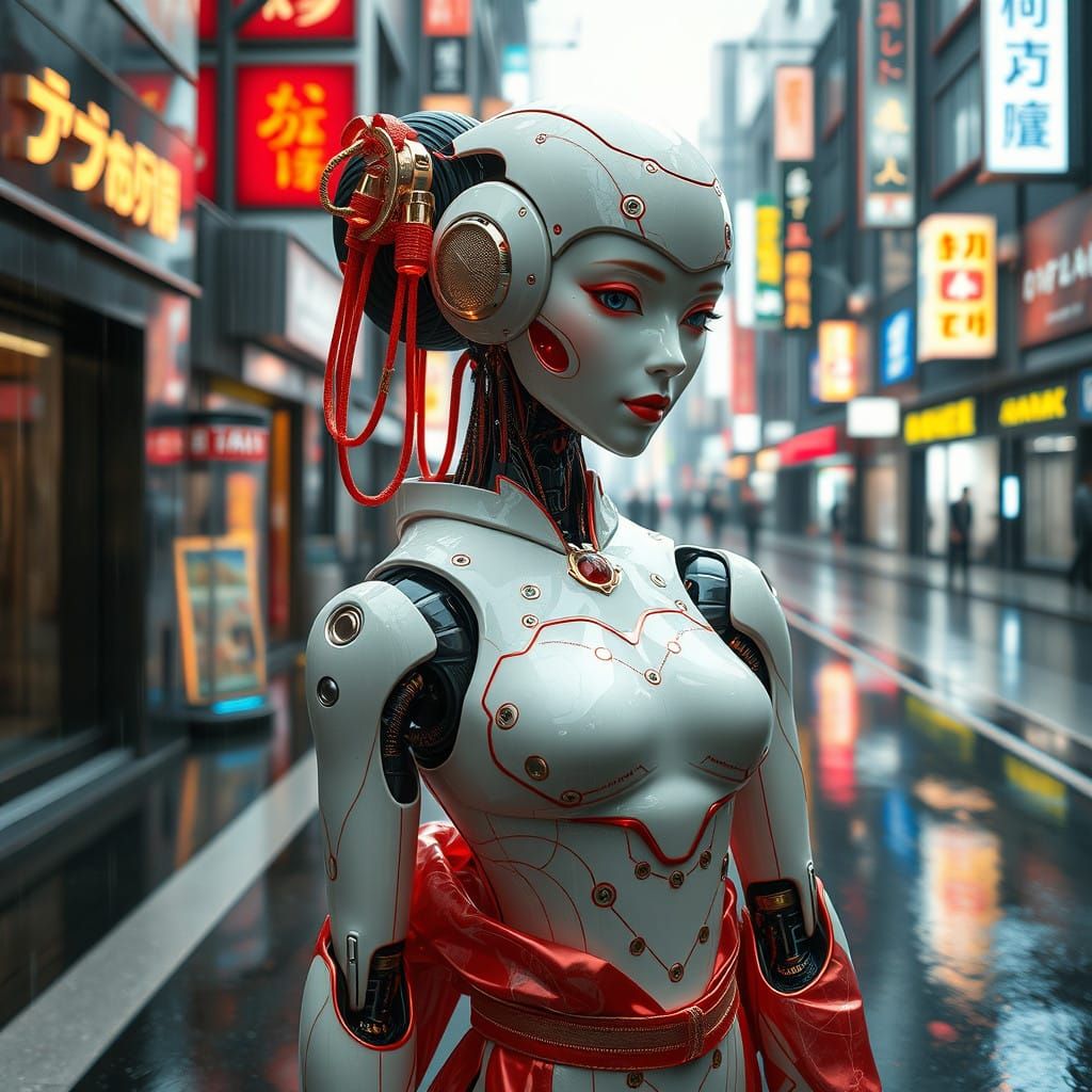 Cyber Geisha Robot in Futuristic Tokyo