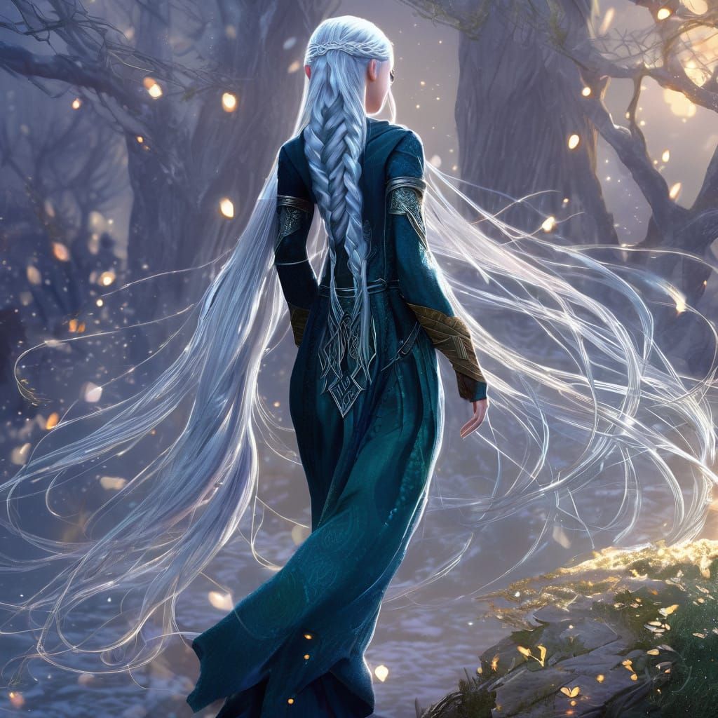 Elf Girl with Silver Hair in Digital Painting Style