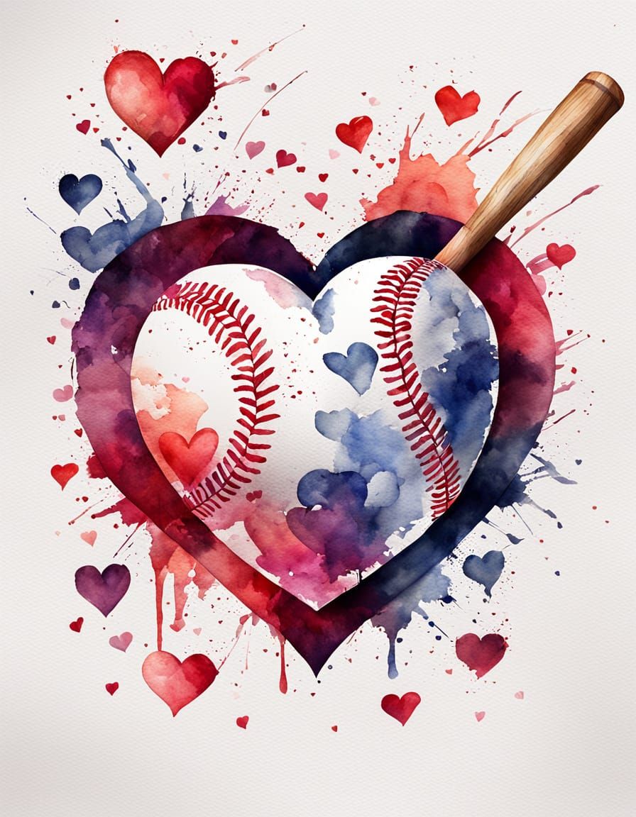 Romantic Baseball Watercolor Valentine's Day Hearts Scene