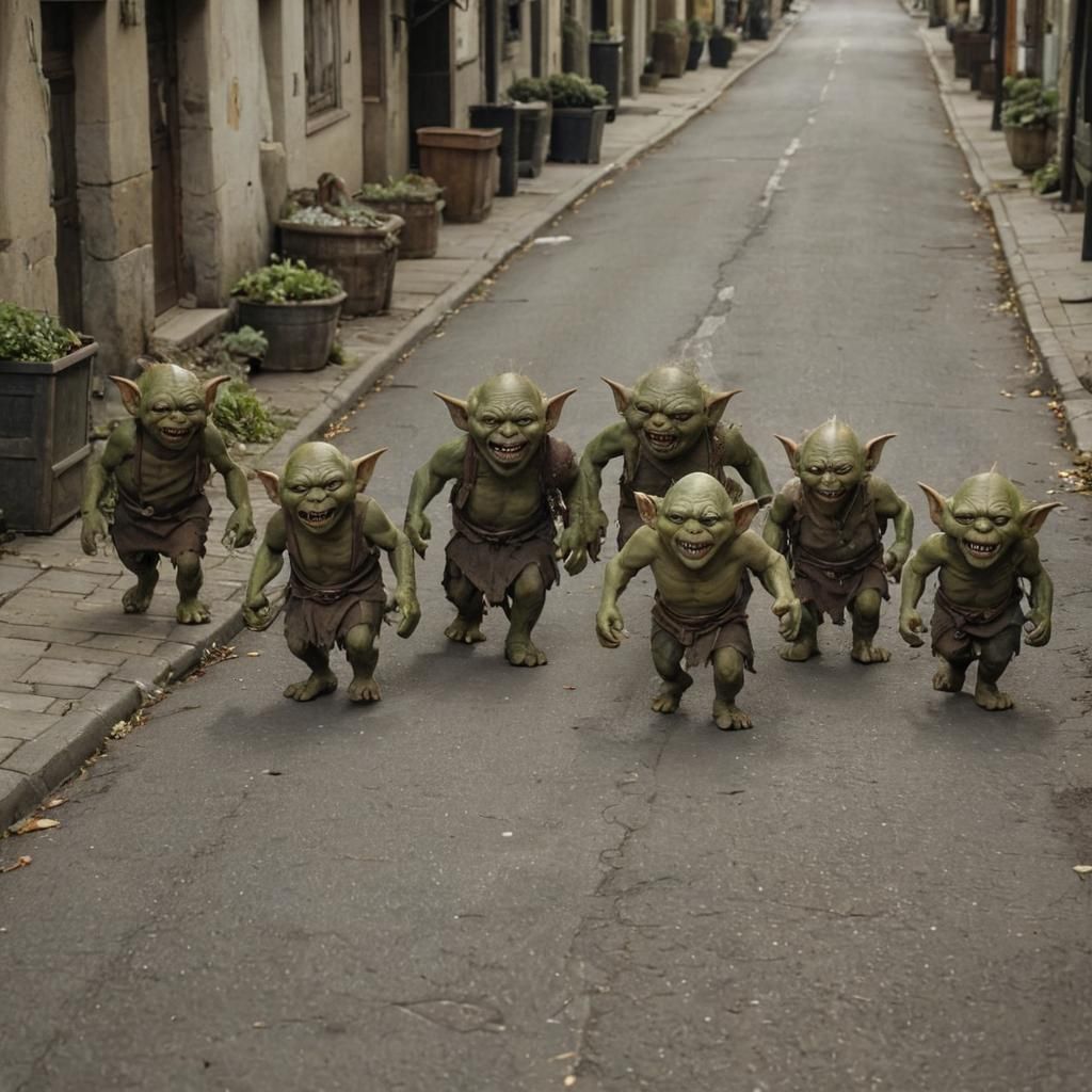 Goblins Strolling Down a Whimsical Street