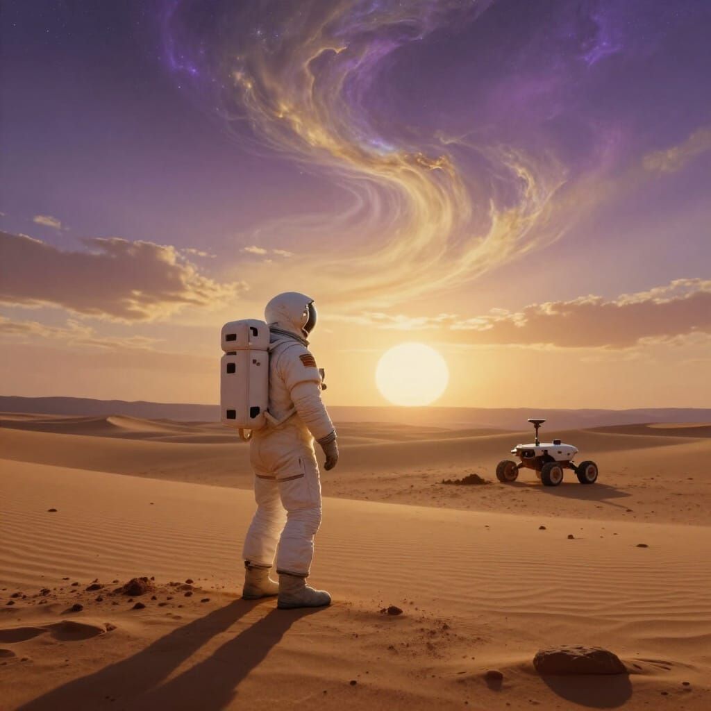 Astronaut on Mars Watches Alien Sunrise Over Desert Landscap...