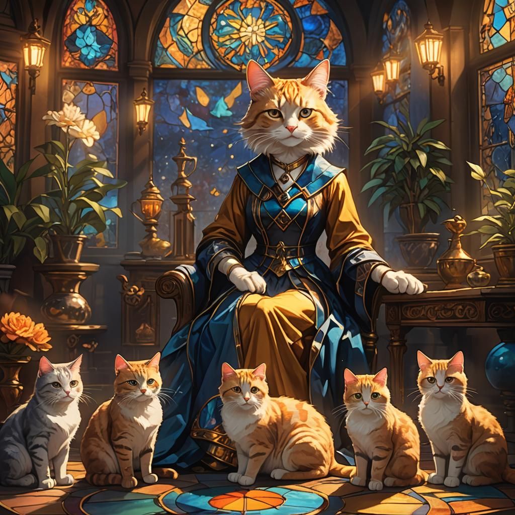 Cat Lady in Enchanted Room, Fantasy Art Nouveau