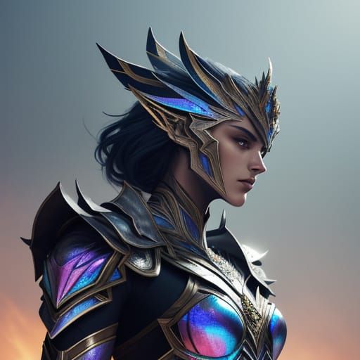 Fantasy Knight in Iridescent Armor with Kaleidoscopic Backgr...