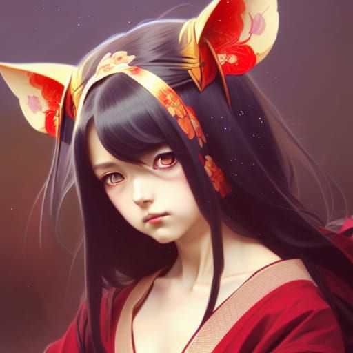 Anime Girl with Fox Ears in Kimono, Detailed Portrait