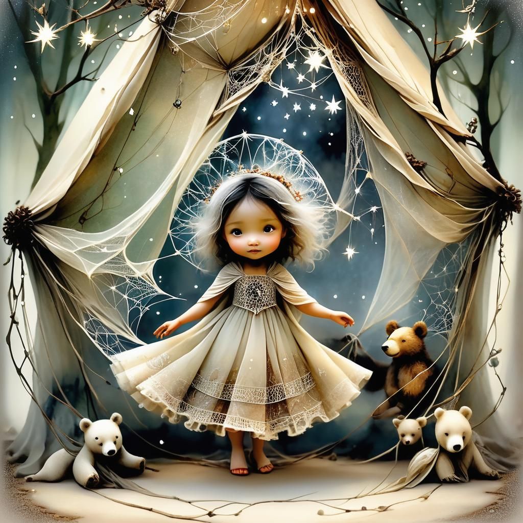 Whimsical Pixies and Bear Cub Hybrid in Forest Tent