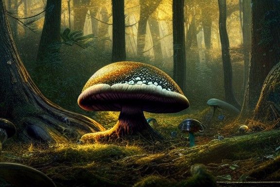 Mushroom Spheres in Autumn Forest: Futuristic Concept Art
