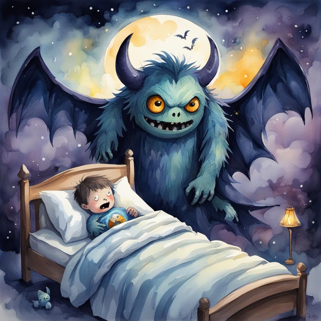 Watercolor Monster Watching Sleeping Child