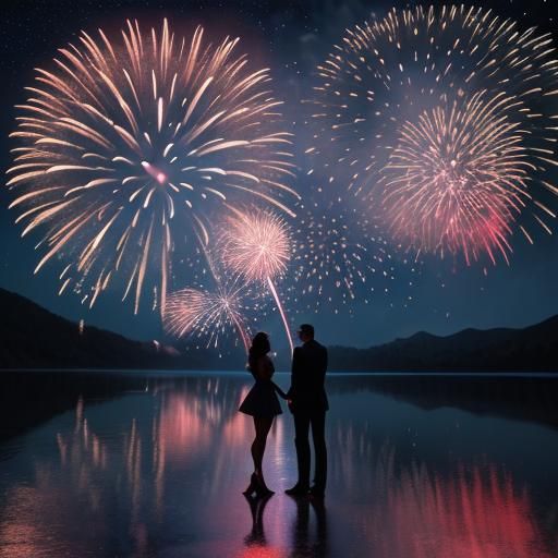 Romantic Fireworks Under the Moonlit Sky