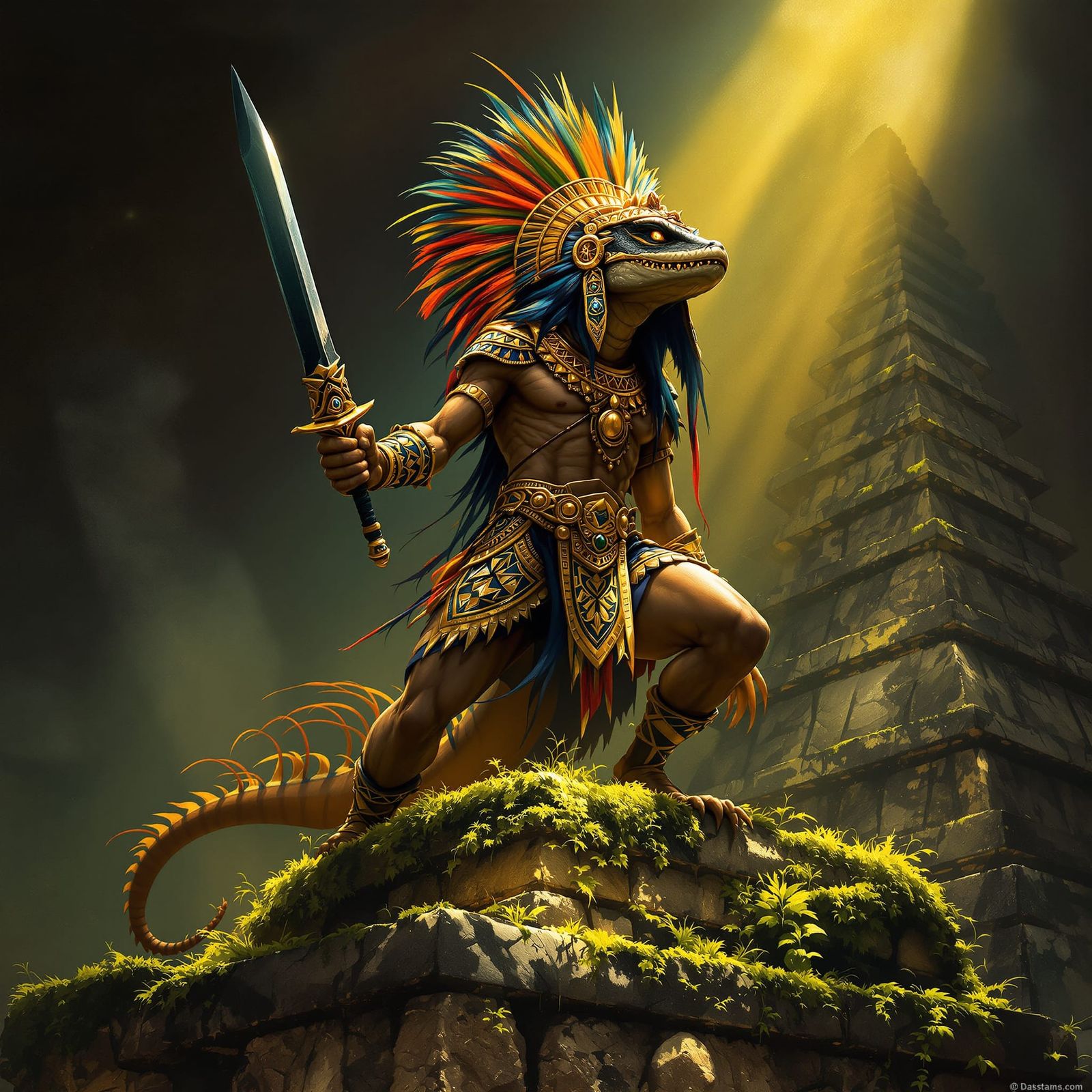Aztec Lizard Warrior in Dramatic Chiaroscuro Style