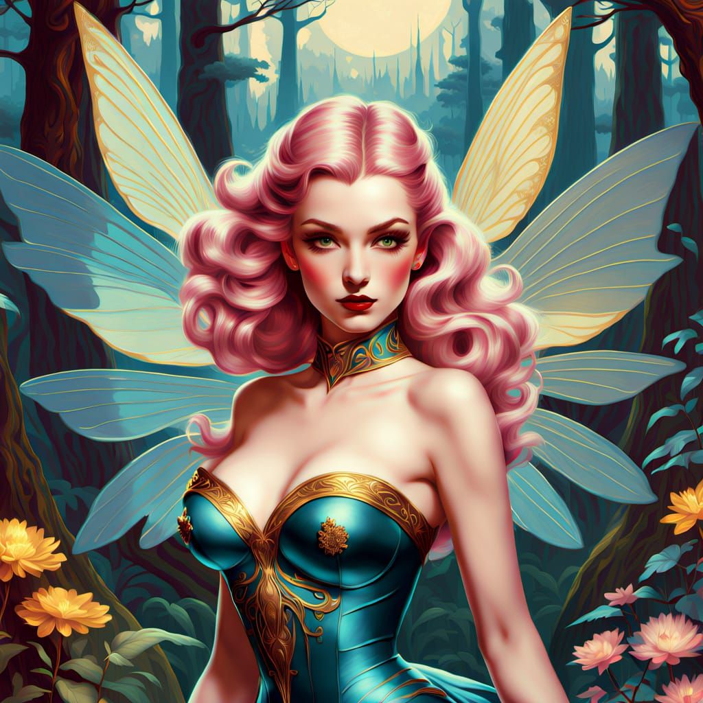 Enchanting Faerie Pin-Up in Illuminated Forest