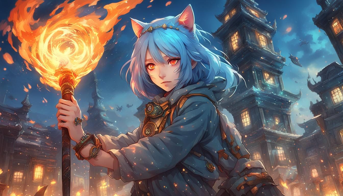 Anime Cat Girl with Fiery Spear