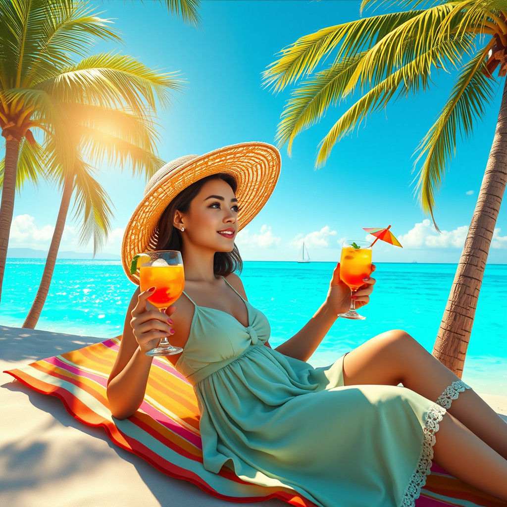 Woman Relaxing on Tropical Beach in Matte Painting Style