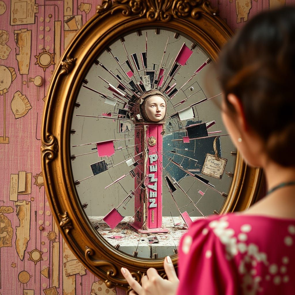 Woman Confronts Distorted Self in Abstract Pez Dispenser Ref...