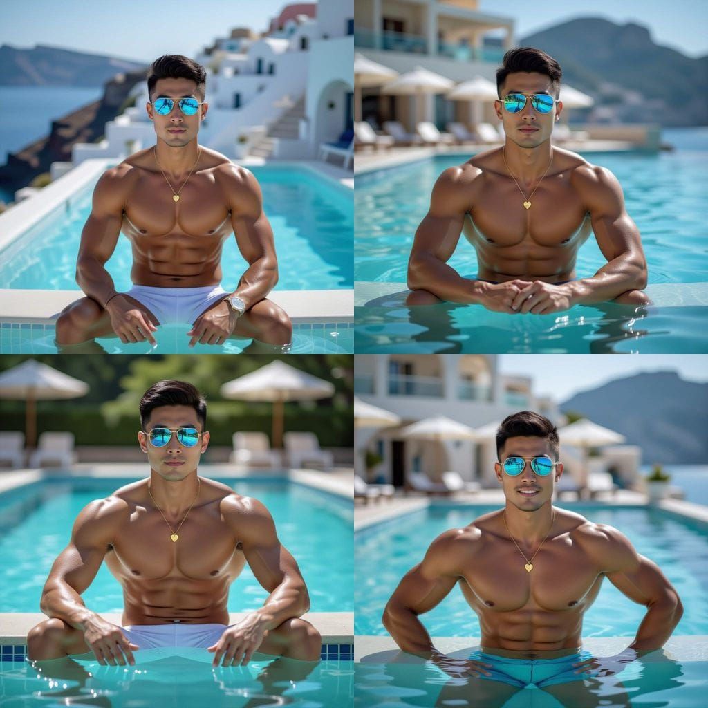 Charming Korean Man in Santorini Sunshine