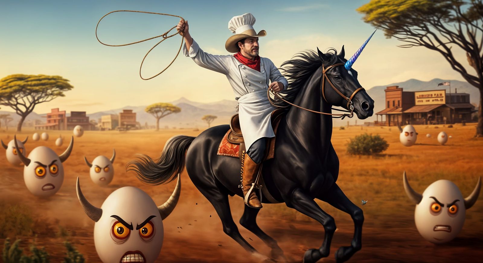Surreal Cowboy Cook Herding Horned Eggs on Unicorn