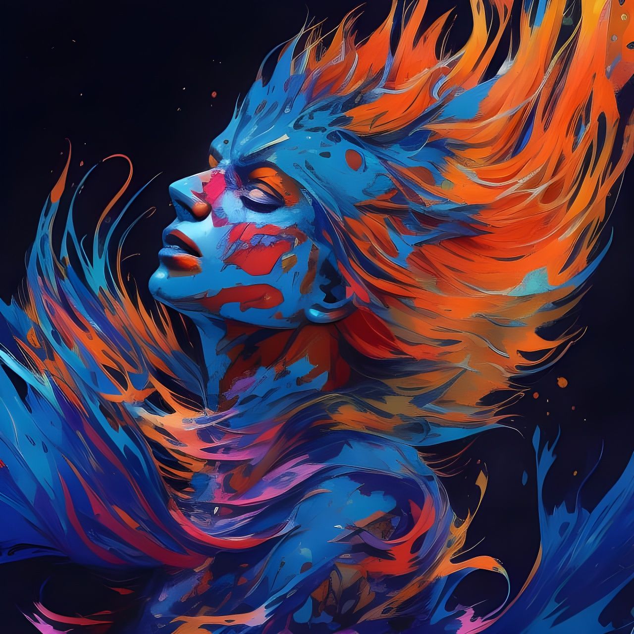Flaming Head in Vibrant Oil Splash Style