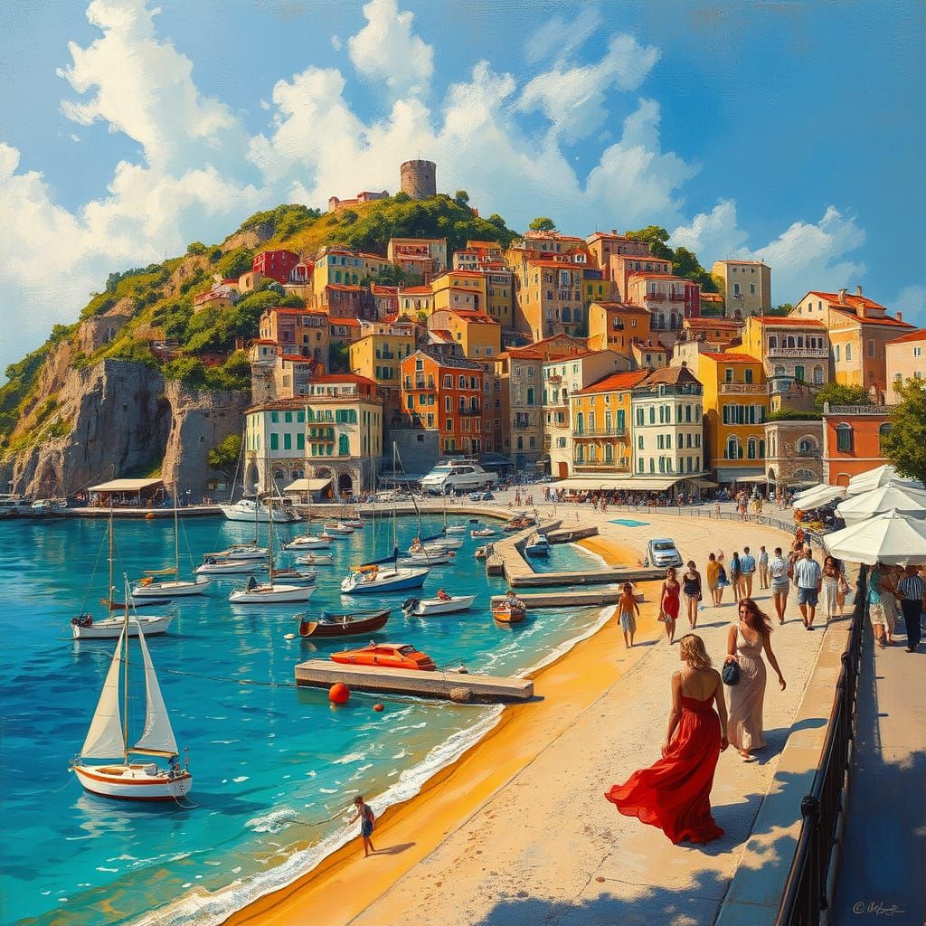 Dreamy Old Town Overlooking Turquoise Sea in Soft Oil Painti...