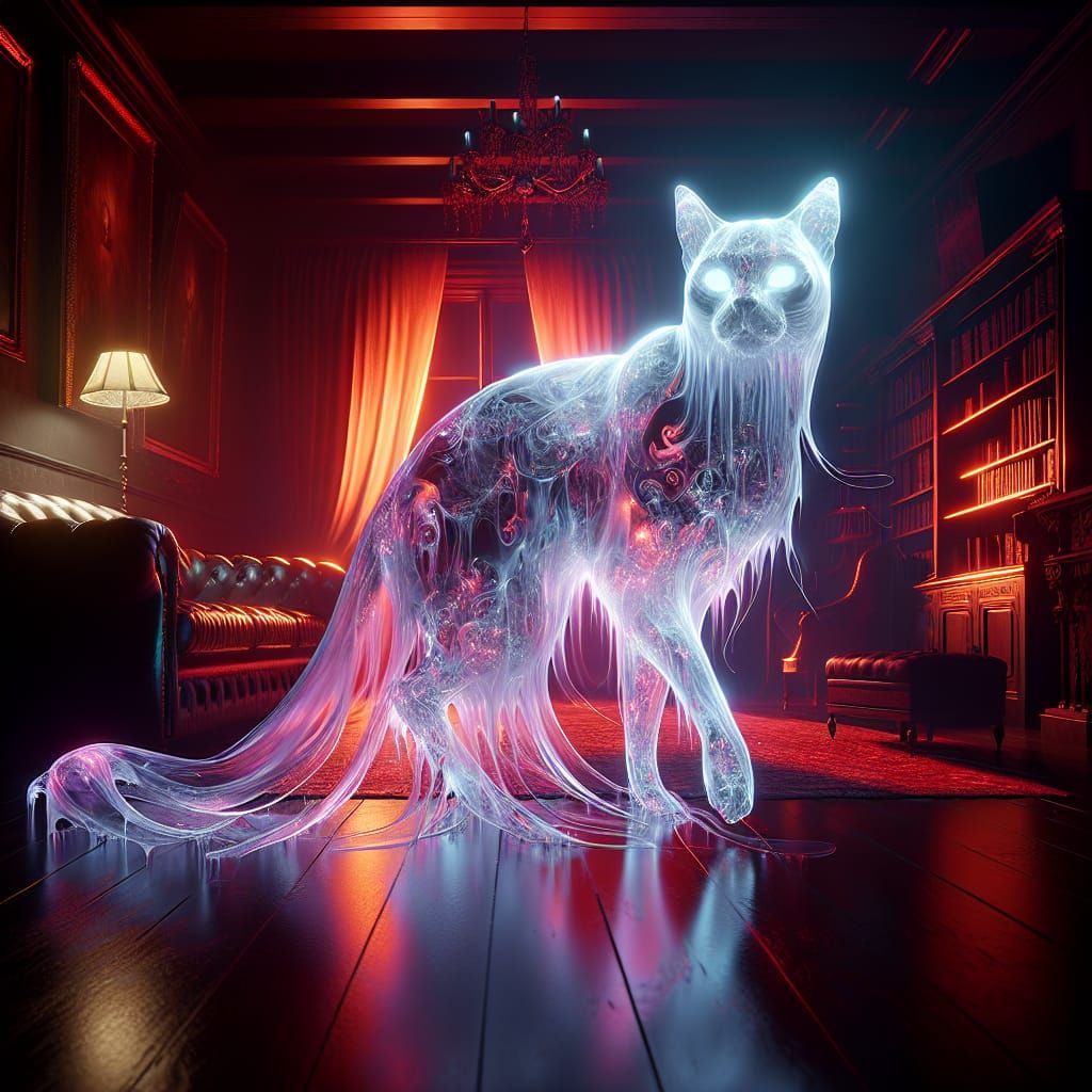 Translucent Ghost Cat in Haunted Room, Fantasy Art