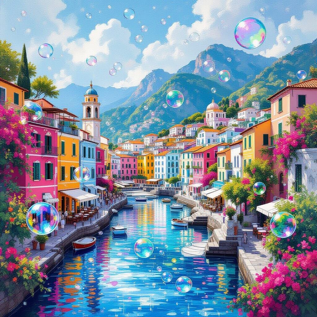 Psychedelic Rain in Positano: A Surreal Watercolor