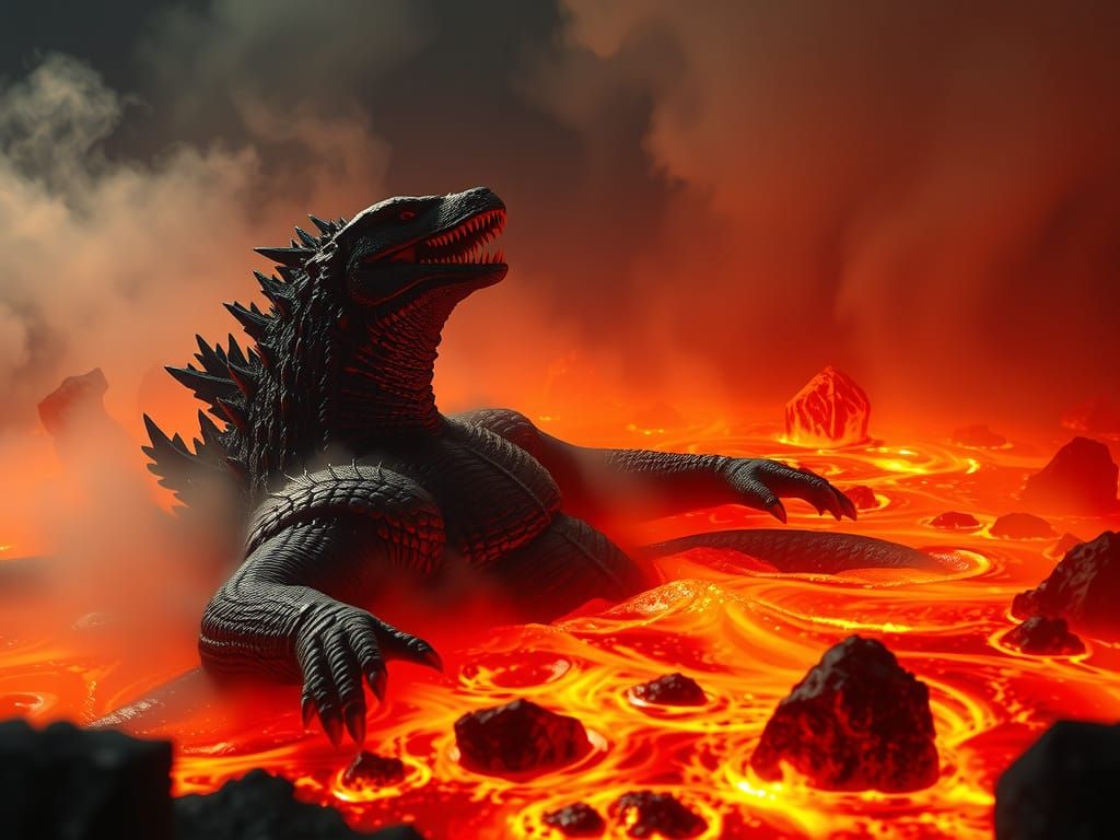 Godzilla Relaxing in Volcanic Lava Bath
