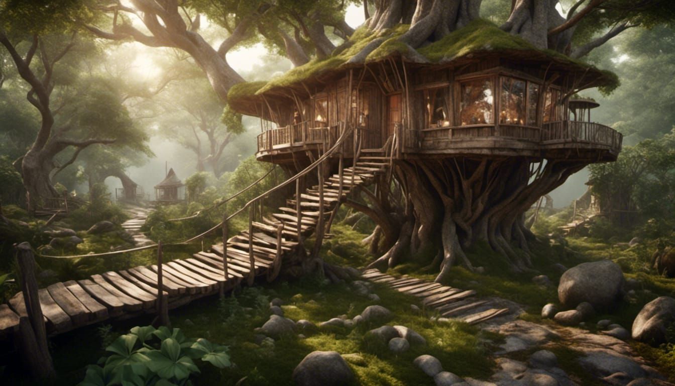 Rustic Treehouse with Bridge and Forest Path