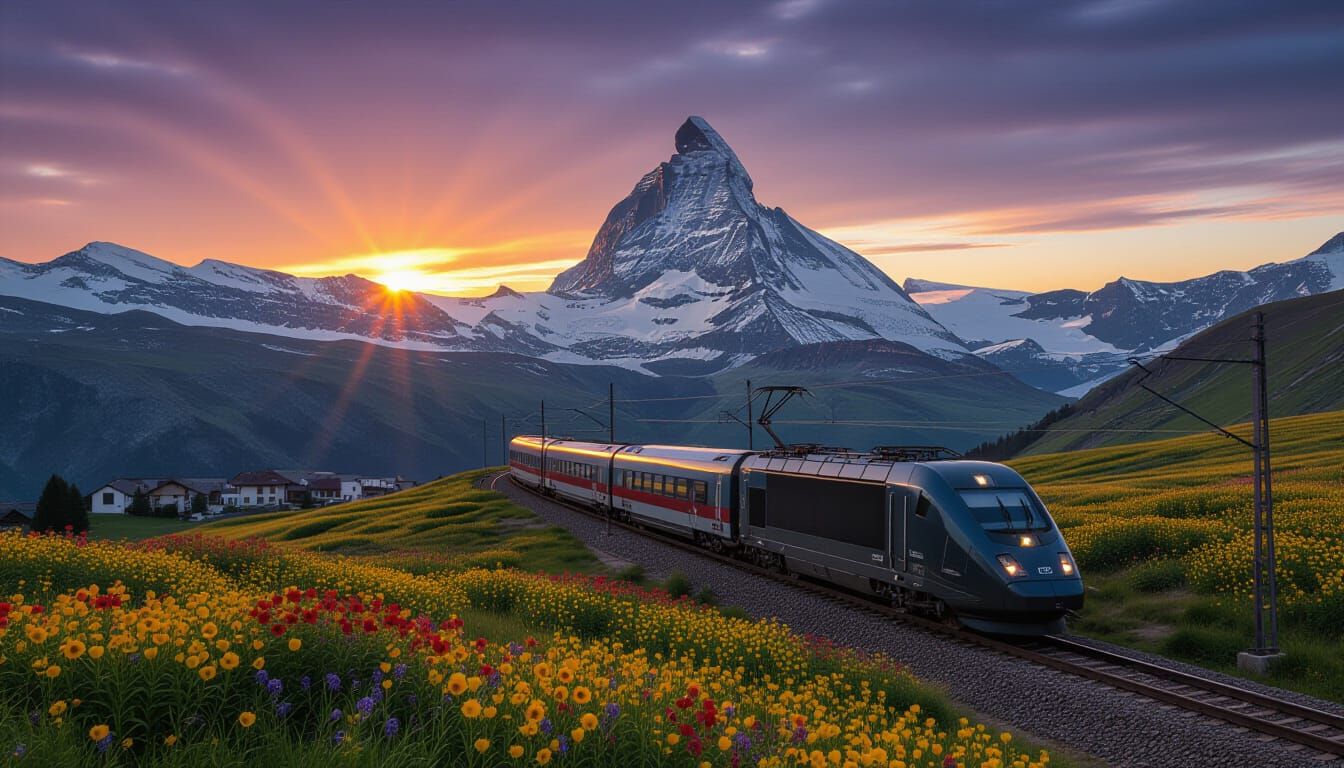 French Village Sunset with Train in Impressionist Style