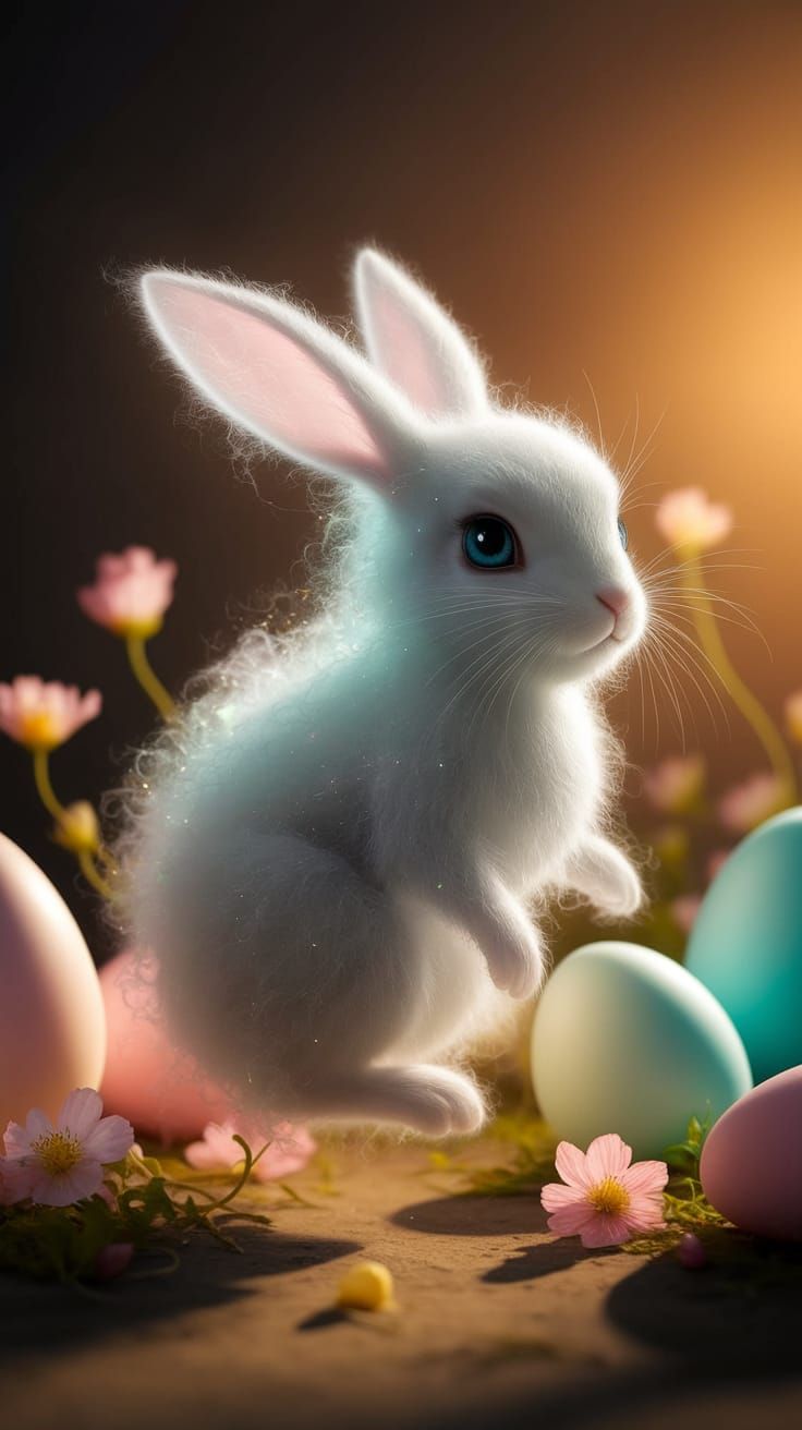 Ethereal Ghost Bunny Floats Among Spring Flowers