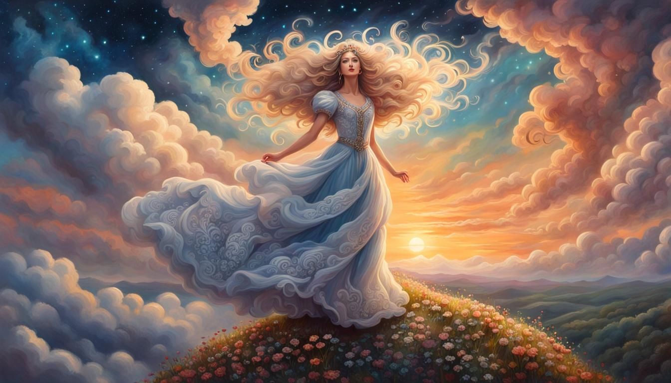 Dancing Cloud Girl Portrait Under Starry Sunset
