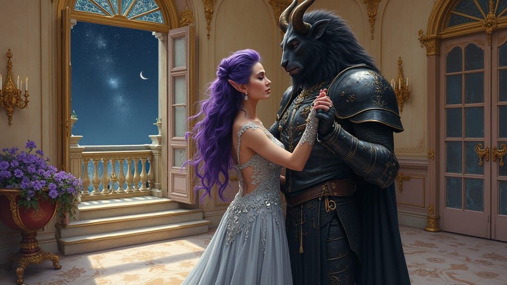 Elf Maiden and Minotaur Dance in Ballroom