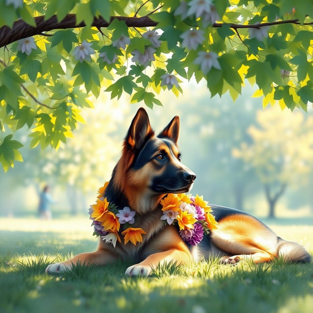 Dreamy German Shepherd with Impressionist Flower Coat in Wat...