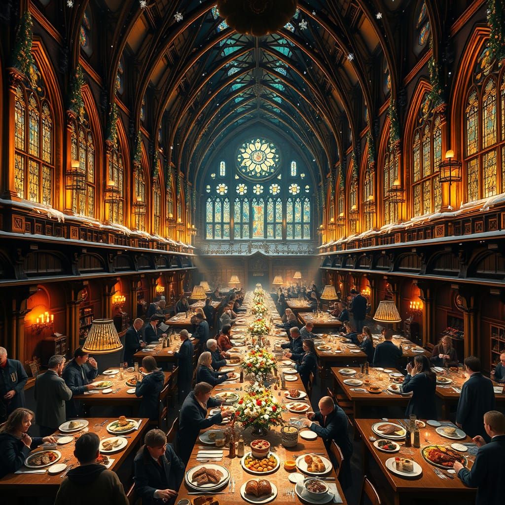 Elegant Christmas Hogwarts Great Hall Feast in Vibrant Color...