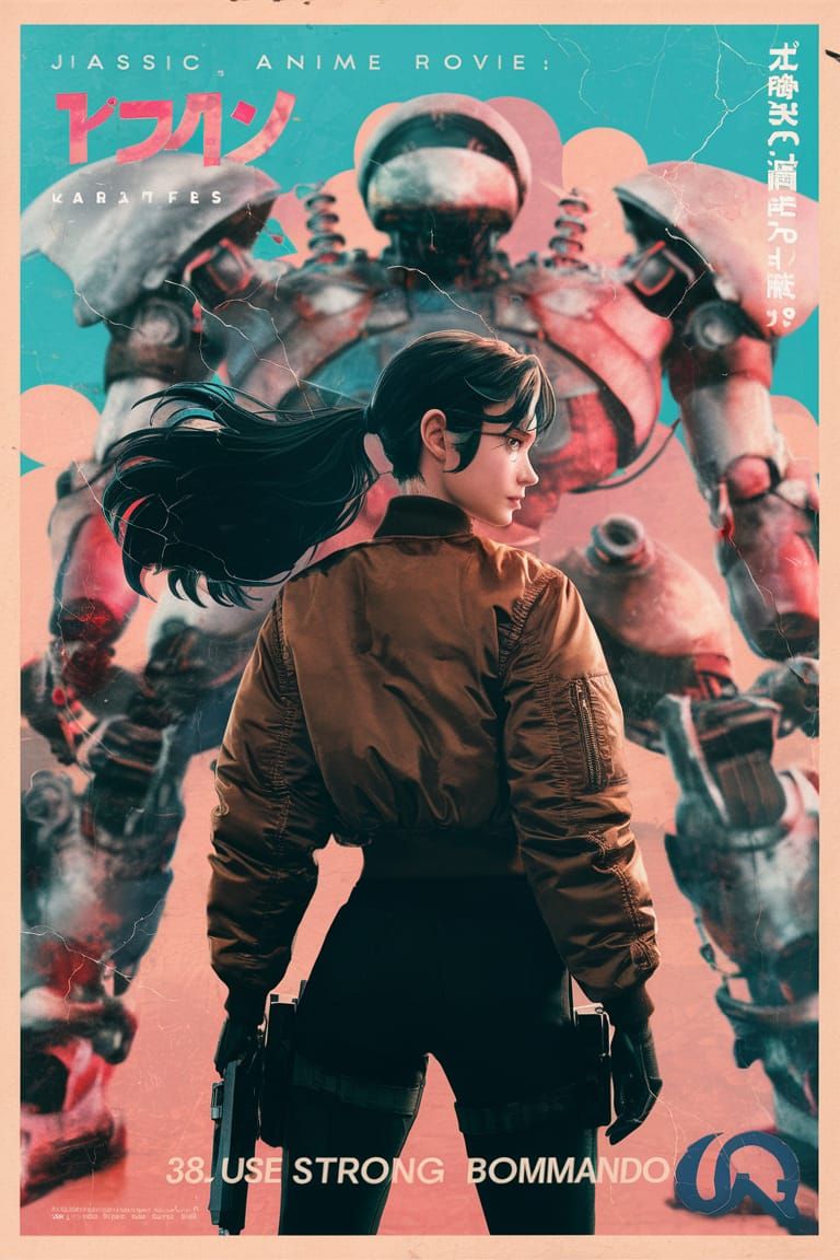 beautiful classic japanese anime movie poster of a strong female commando, brown bomber jacket, dark black flowing hair,...