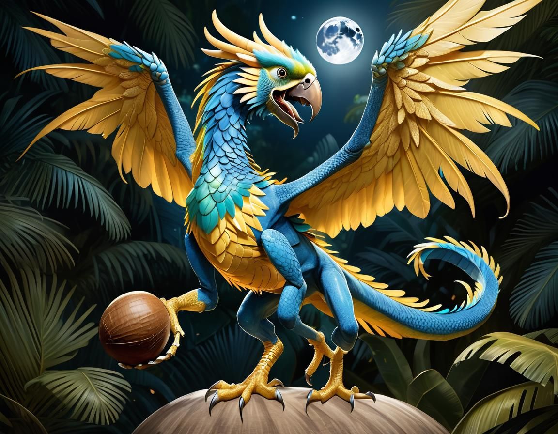 Blue and Gold Macaw Dragon in Moonlight