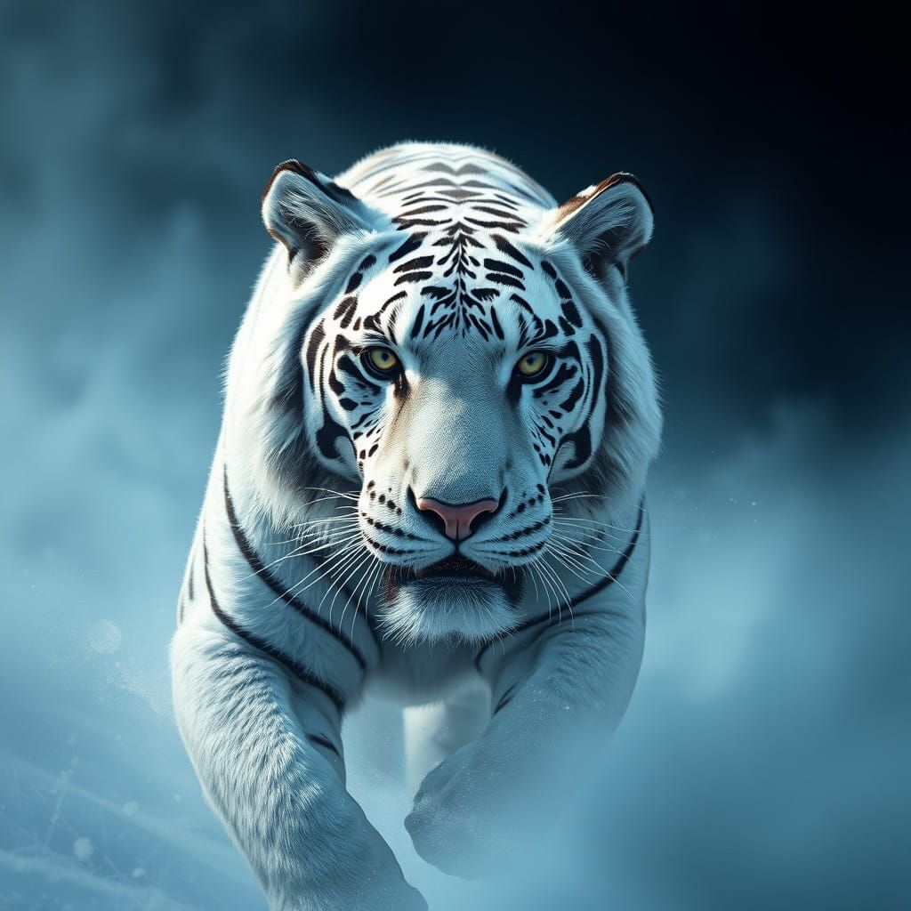Mystical Snow Tiger Approaches with Intense Gaze