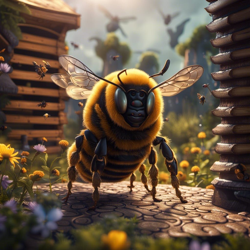 Anthropomorphic Bee Near Human-Like Beehive