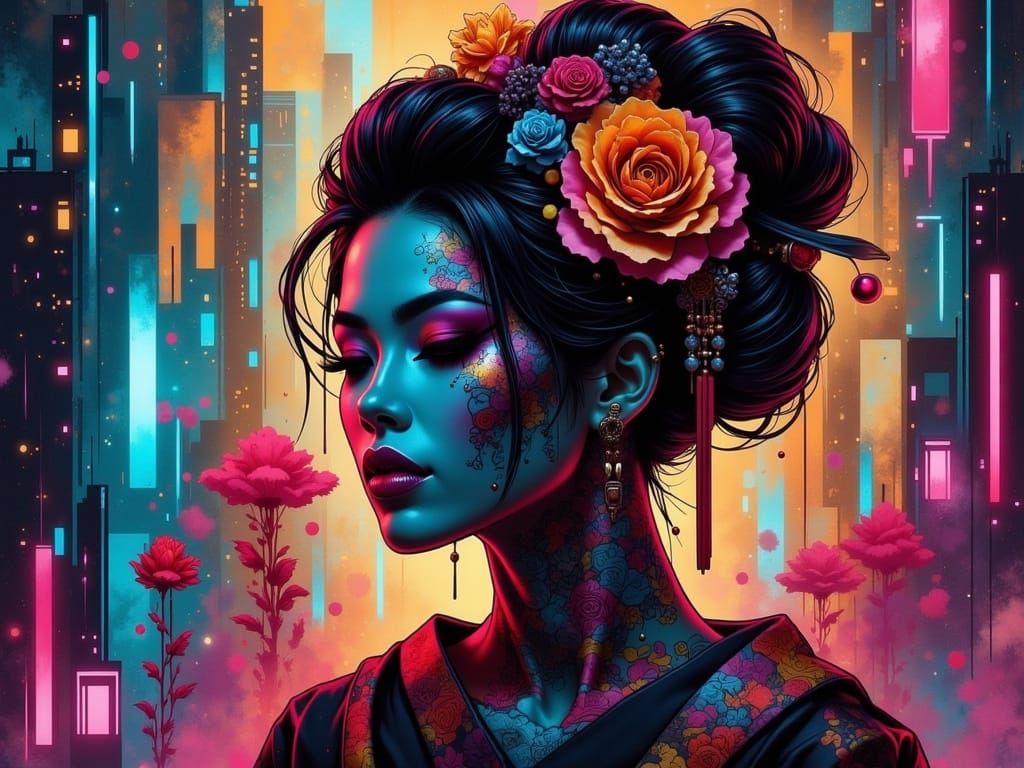 Geisha in a Cyberpunk Industrial Oasis
