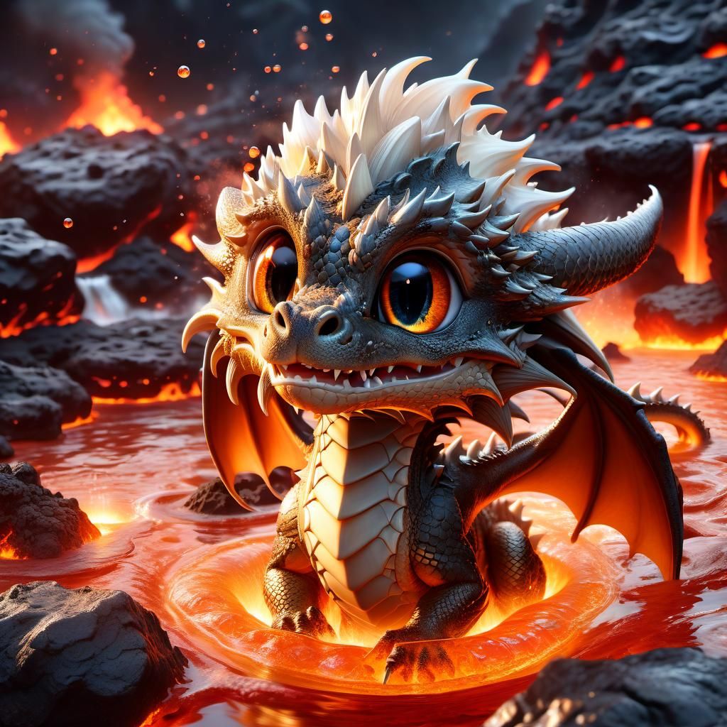 Adorable Dragon Takes a Lava Bath, 3D Anime Art