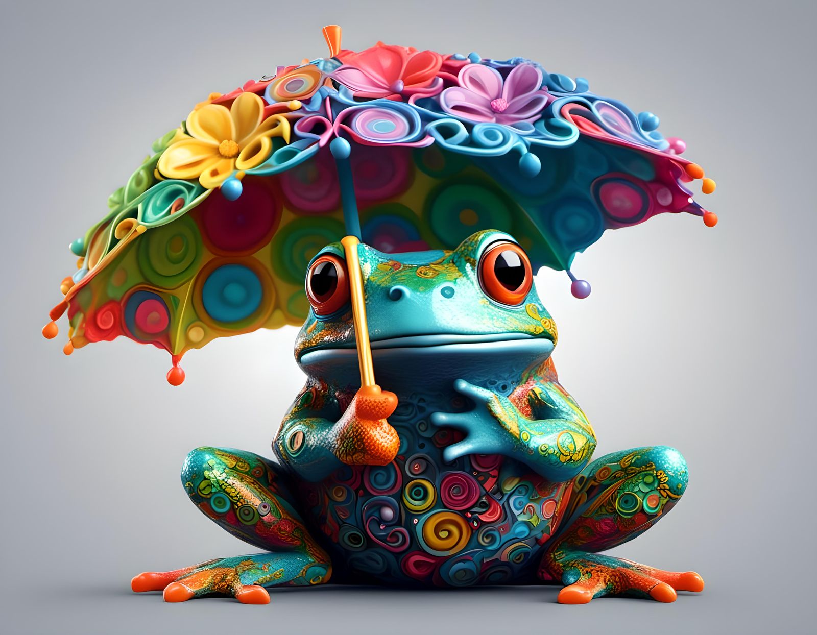 Colorful Frog with Umbrella in Abstract Fractal Style