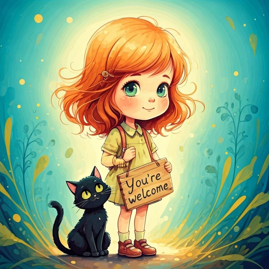 Cute Girl and Black Cat with Welcome Sign