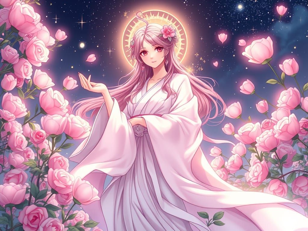 Benevolent Divine Love Goddess in Pastel Kimono Under Starry...