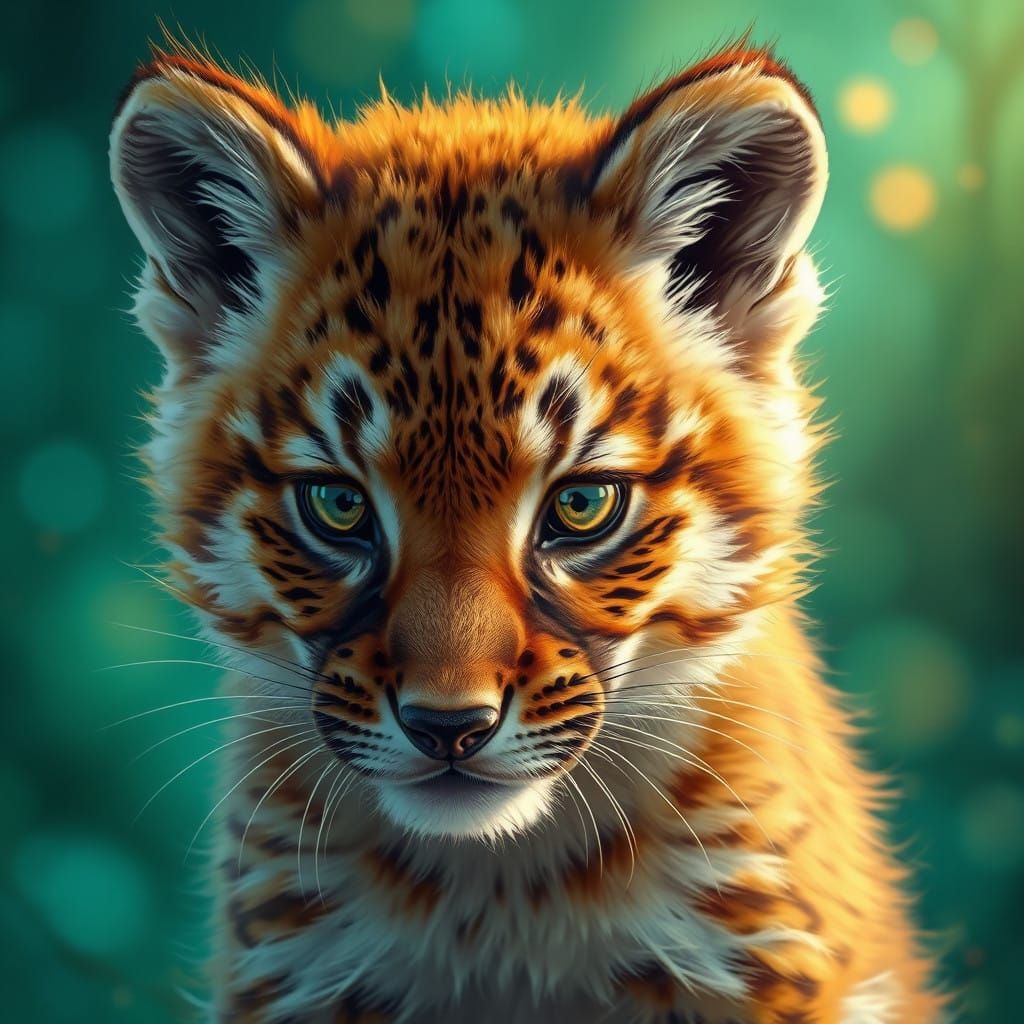 Majestic Forest Cub Gaze in Vibrant Turquoise and Emerald