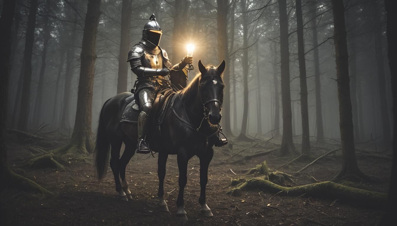 Knight with Lightbulb Head in Dark Forest