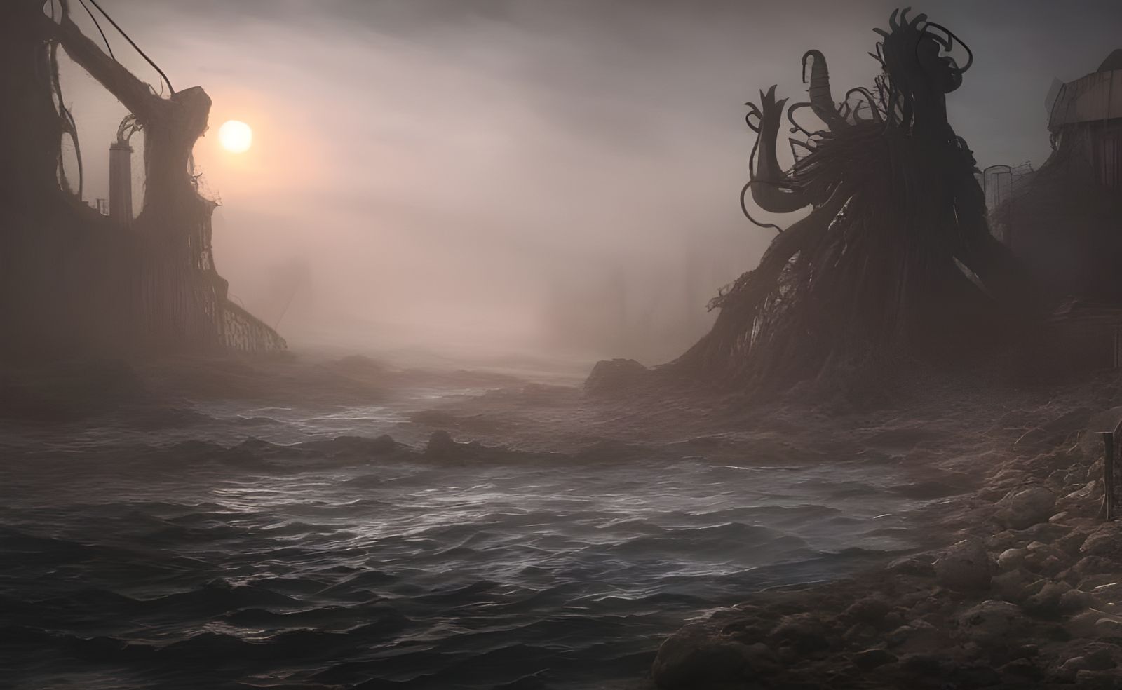 Chaotic Post-Apocalyptic Beach Destroyed by Lovecraftian God