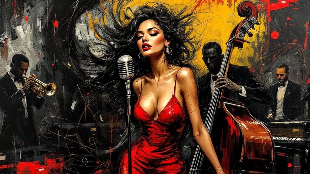Glamorous Jazz Singer in Vibrant, Abstract Art