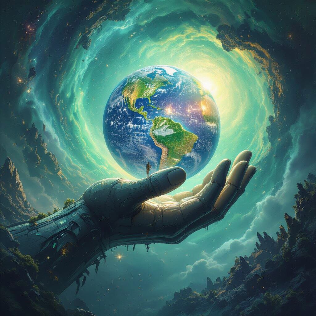 Cosmic Hand Holding Alien World: Surreal Art