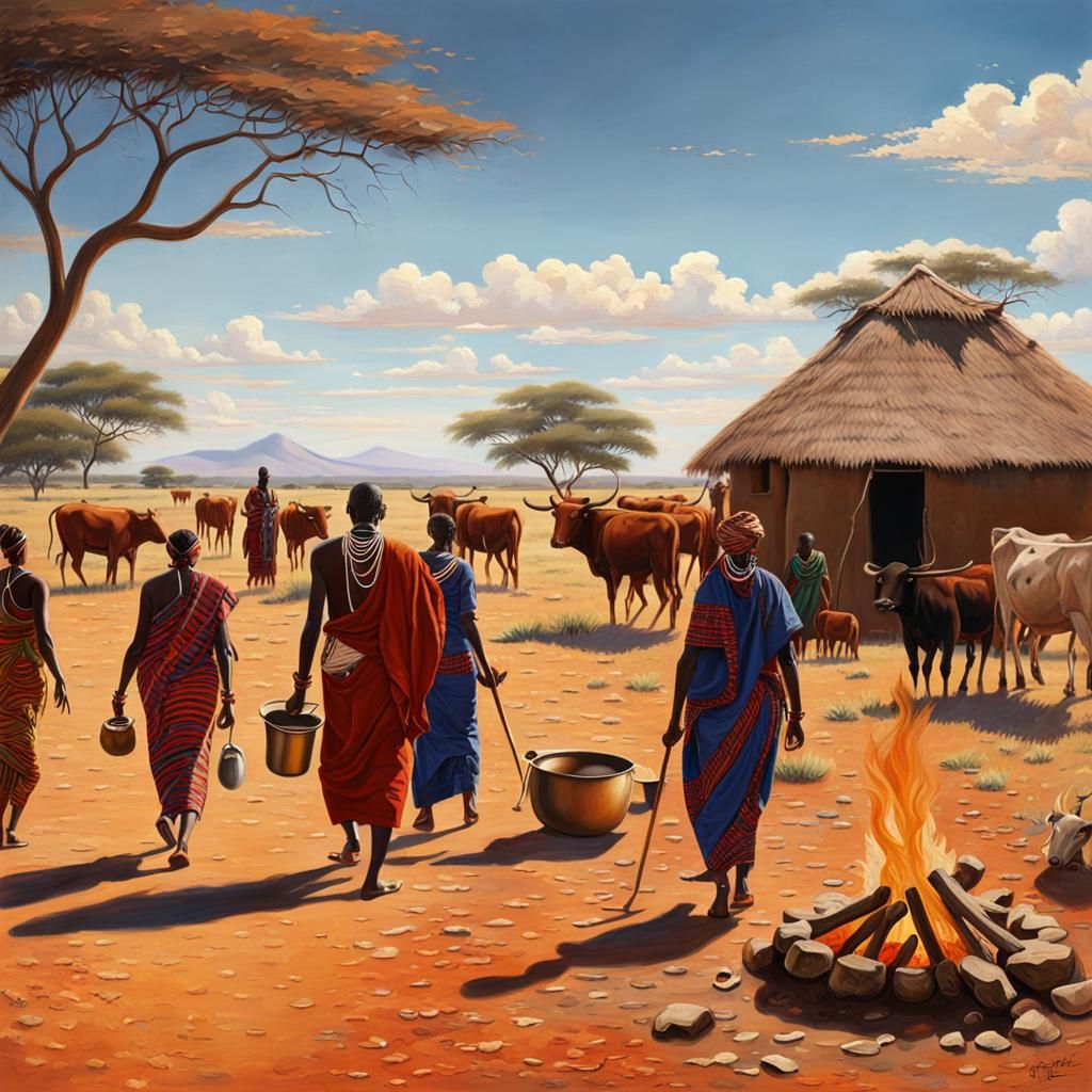 Masai Village Life: A Hyperrealist Oil Painting
