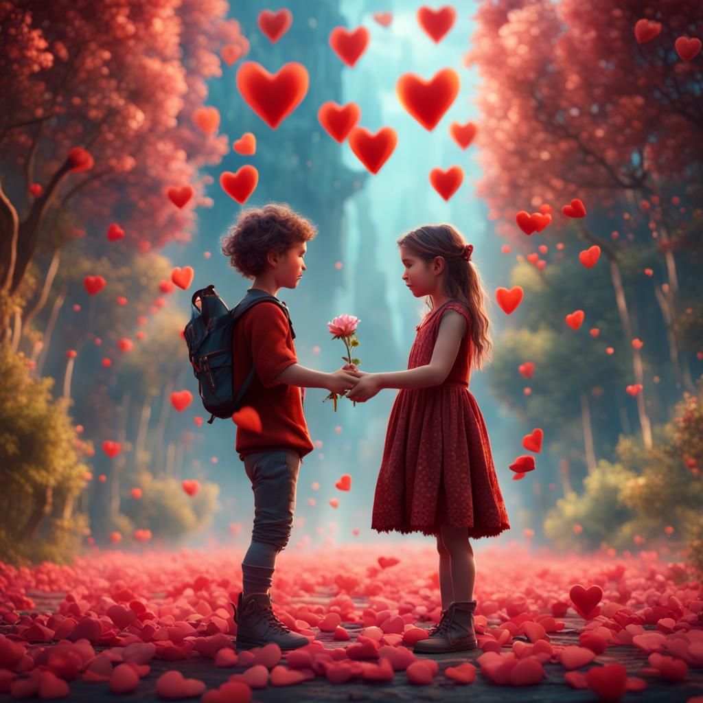 Boy Gives Flower to Girl: Fantasy Concept Art
