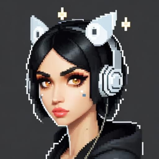 Cute Girl with Headphones in Pixel Art Style