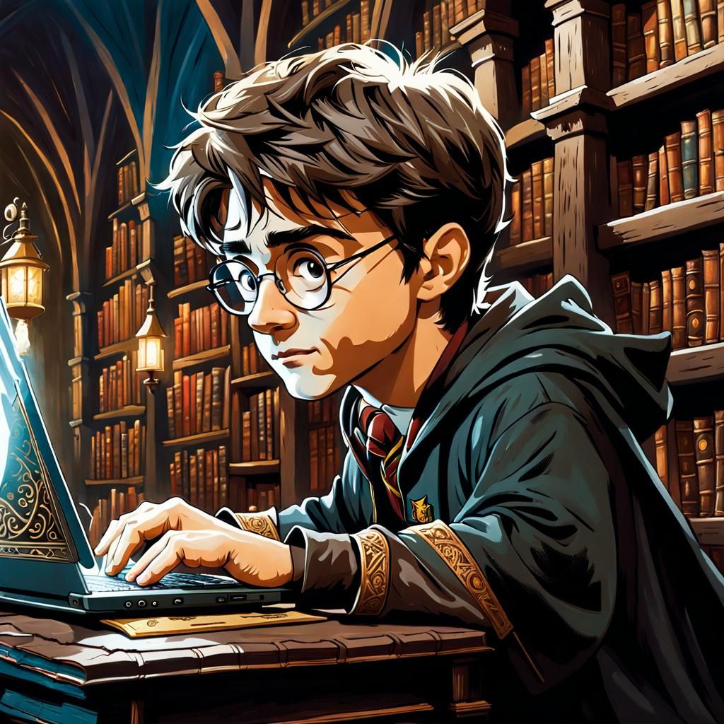 Harry Potter in Cartoon Style Works on Laptop